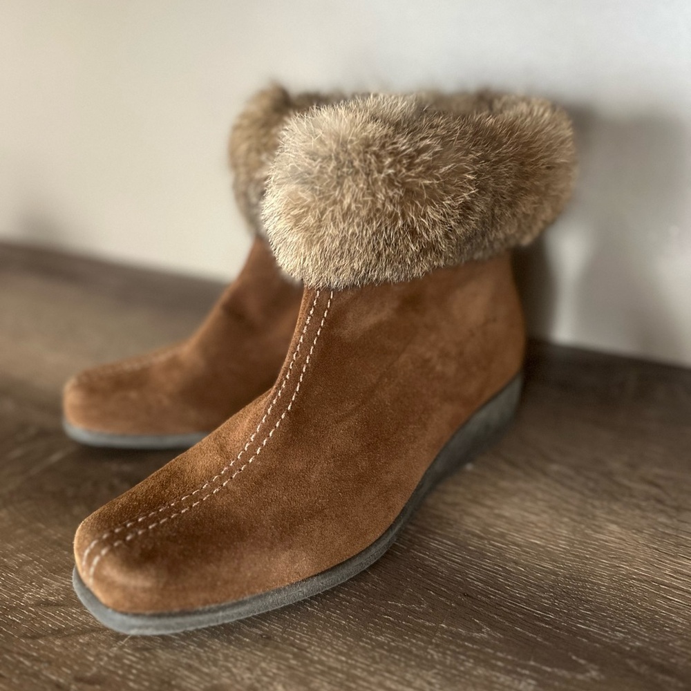 Brown Suede Rabbit Fur-Lined Ankle Boots
